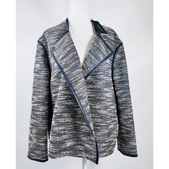 Lafayette 148 New York Woman’s Blazer Blue White Jacket, Size L Leather Trim - Picture 4 of 16